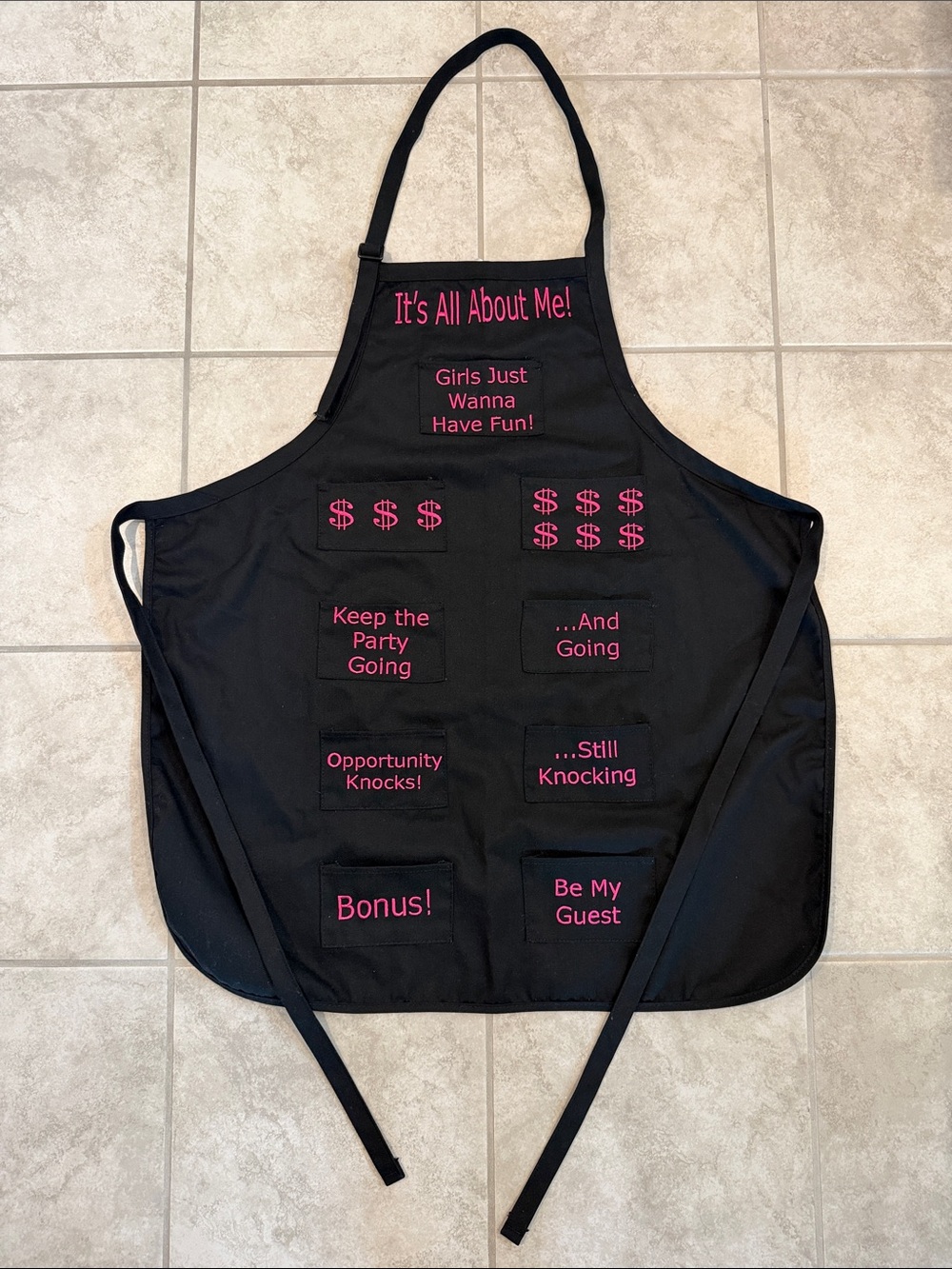 It's All About Me! Girls Just Wanna Have Fun! Black Apron with Pink Text